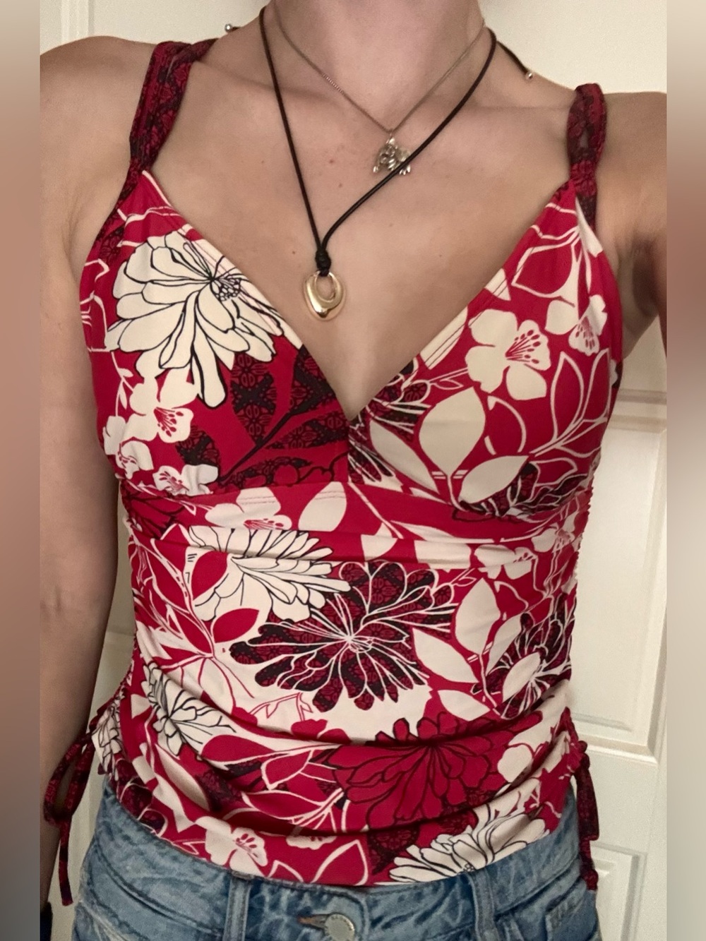 Athleta Tank Top Floral Red White Black S 34B 32C Swimsuit Tankini Bikini